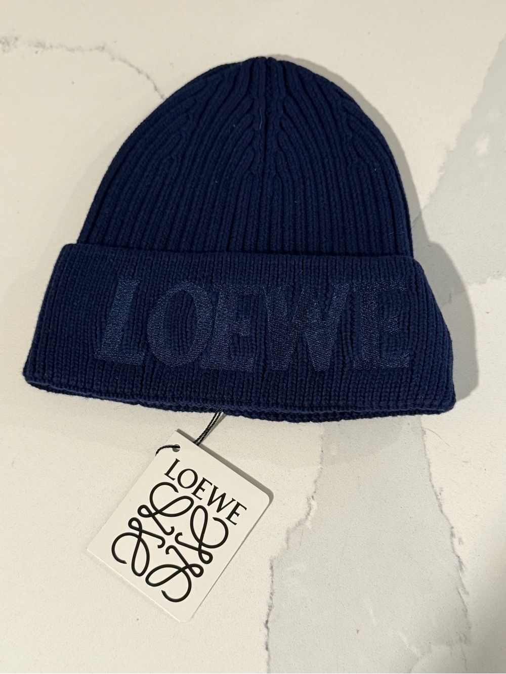 Loewe Navy Ribbed Knit Beanie with Embroidered Logo - Picture 2 of 6